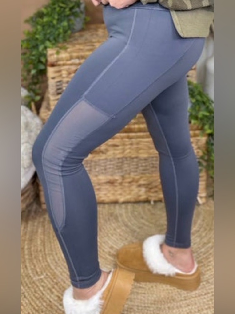 White Birch Slate Gray Mesh-Panel Leggings with Side Pockets